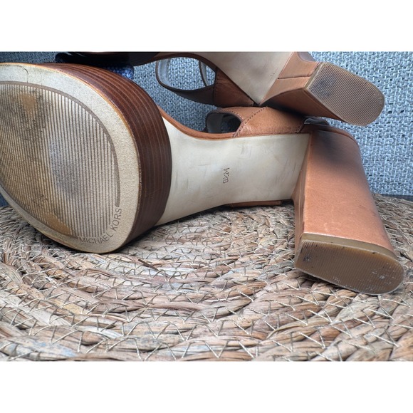 Michael Kors Leather & Canvas Platform Heels Size 9.5M Tan Blue Crisscross Strap - Picture 7 of 10